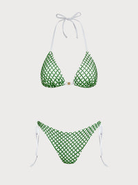 Women'S Polyester Knitted Shell Trim Bikini Set Green Bikinis - SAMIOLSWIM
