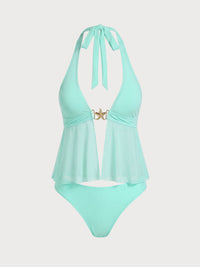 Women'S Polyester Knitted Tankini Set Green Tankinis - SAMIOLSWIM