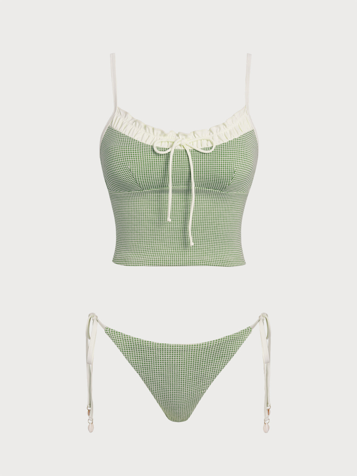 Women'S Polyester Knitted Vintage Plaid Contrast Tankini Swimsuit Green Tankinis - SAMIOLSWIM