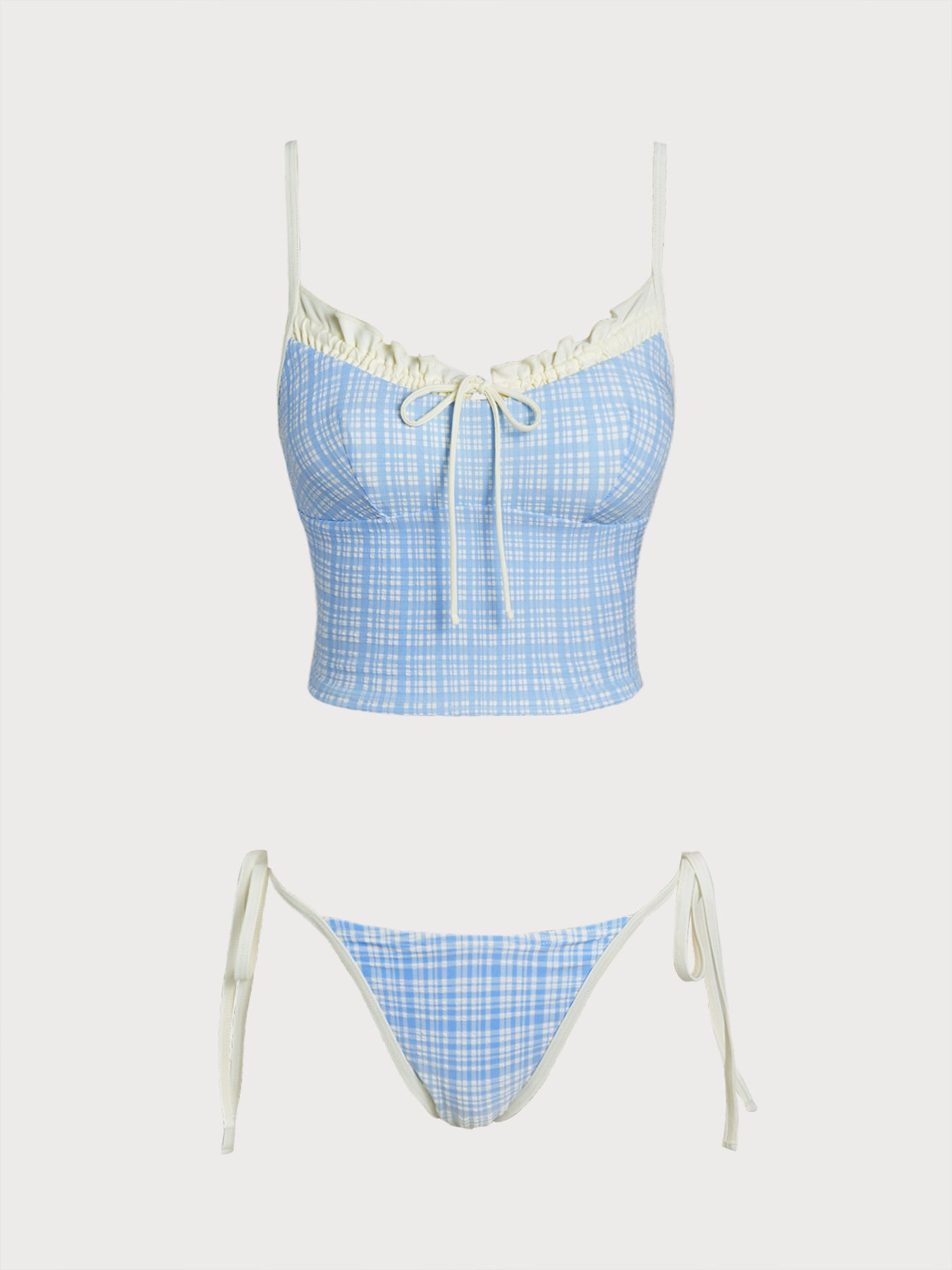 Women's Knitted Nylon Plaid Tankini Suit Light Blue Tankinis - SAMIOLSWIM