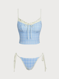 Women's Knitted Nylon Plaid Tankini Suit Light Blue Tankinis - SAMIOLSWIM