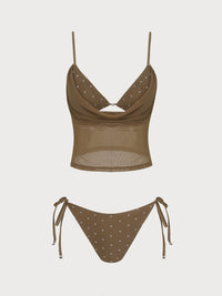 Women's Knitted Nylon Polka Dot Pearl Embellished Tankini Set Coffee Tankinis - SAMIOLSWIM