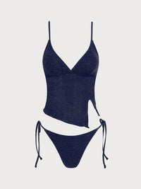 Women's Knitted Nylon Silver Thread Tankini Set Blue Tankinis - SAMIOLSWIM