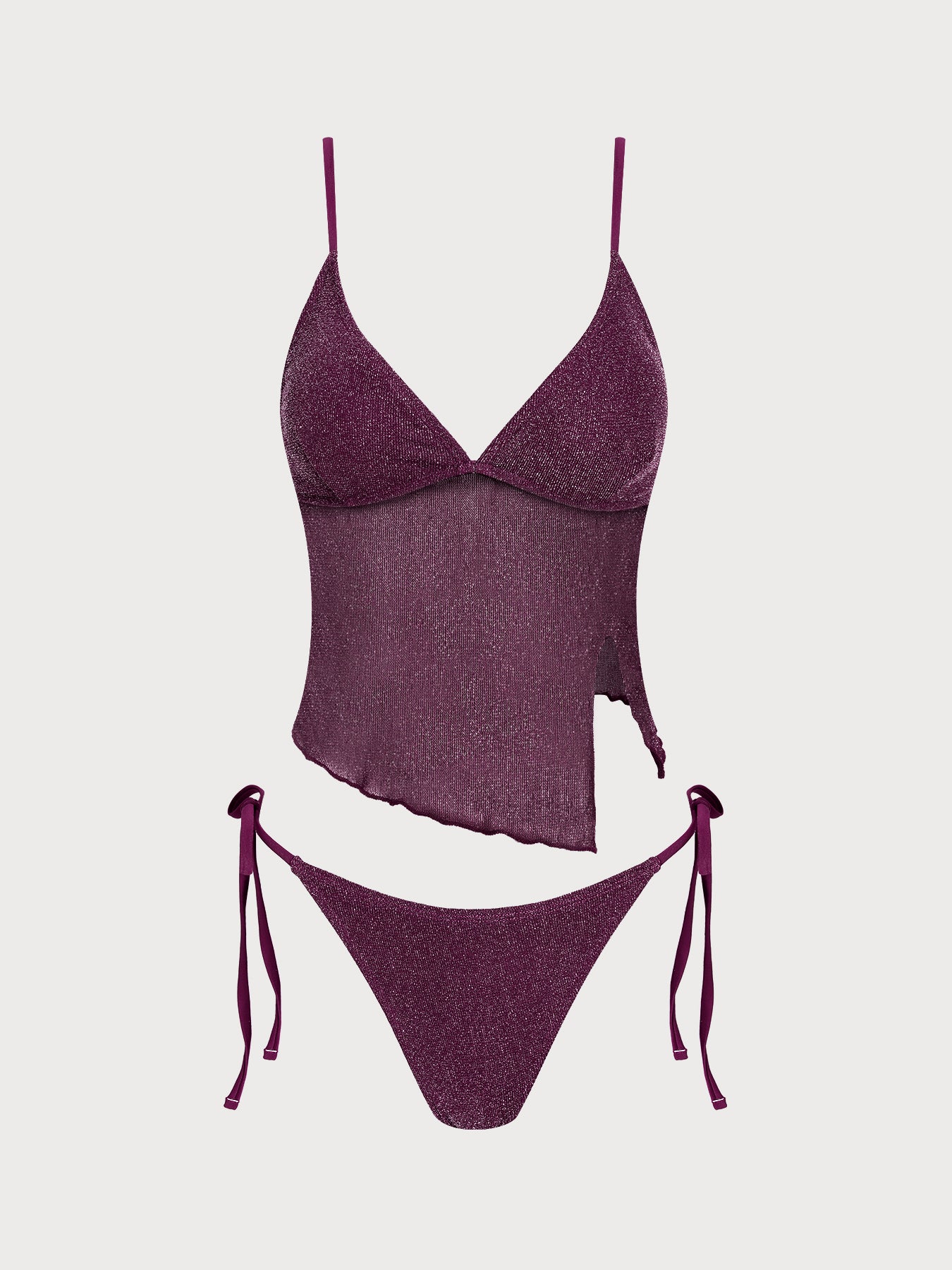 Women's Knitted Nylon Silver Thread Tankini Set Wine Red Tankinis - SAMIOLSWIM