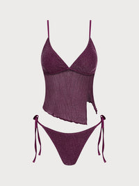 Women's Knitted Nylon Silver Thread Tankini Set Wine Red Tankinis - SAMIOLSWIM