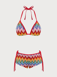 Women's Knitted Polyester Color Block Bikini Set Red Bikinis - SAMIOLSWIM