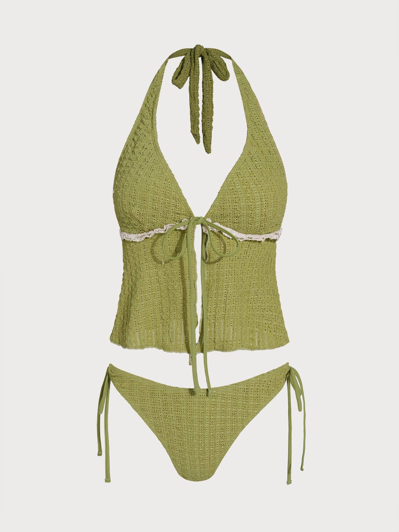 Women's Knitted Polyester Color Block Tankini Suit Green Tankinis - SAMIOLSWIM