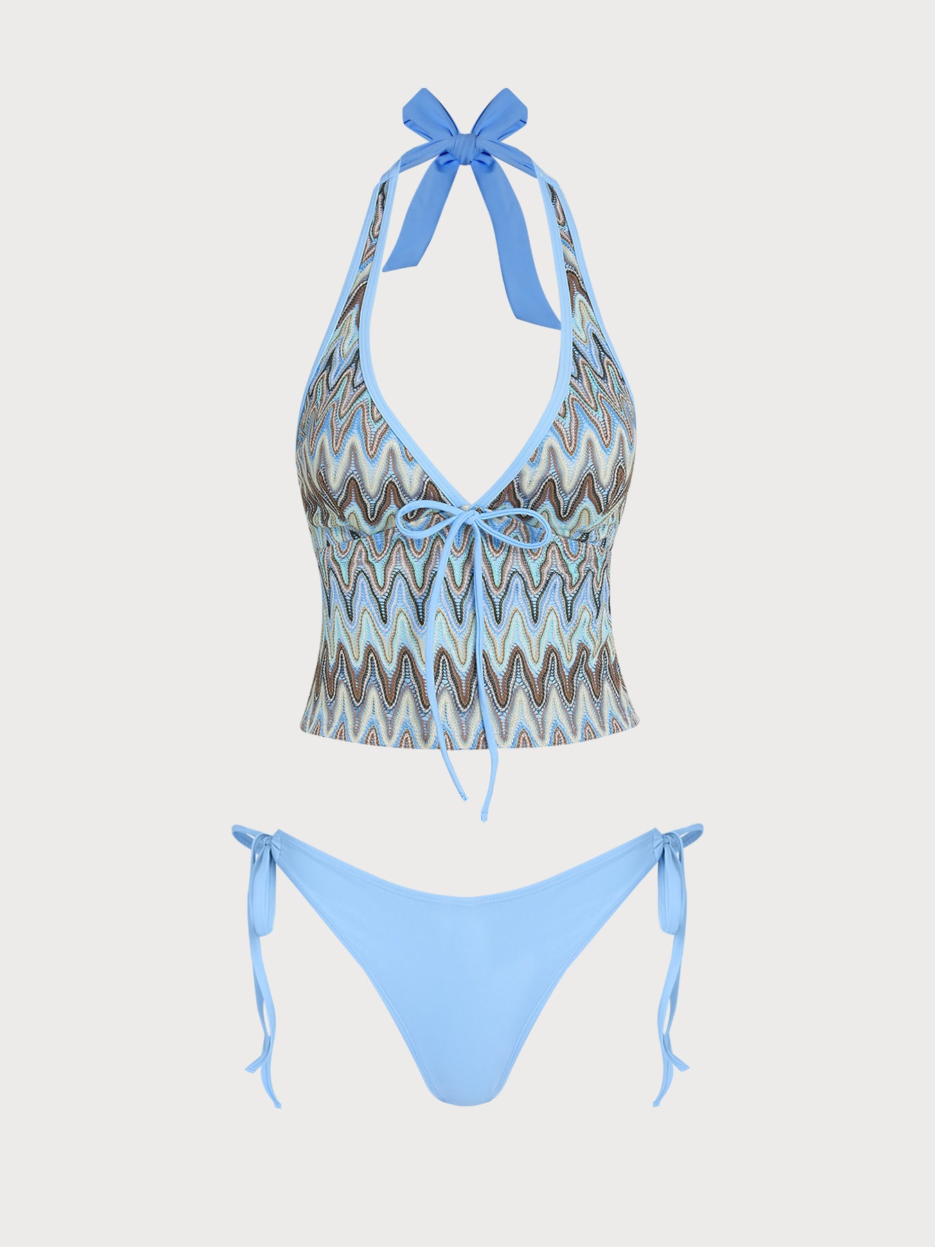 Women's Knitted Polyester Colorful Wave Tankini Set Blue Tankinis - SAMIOLSWIM