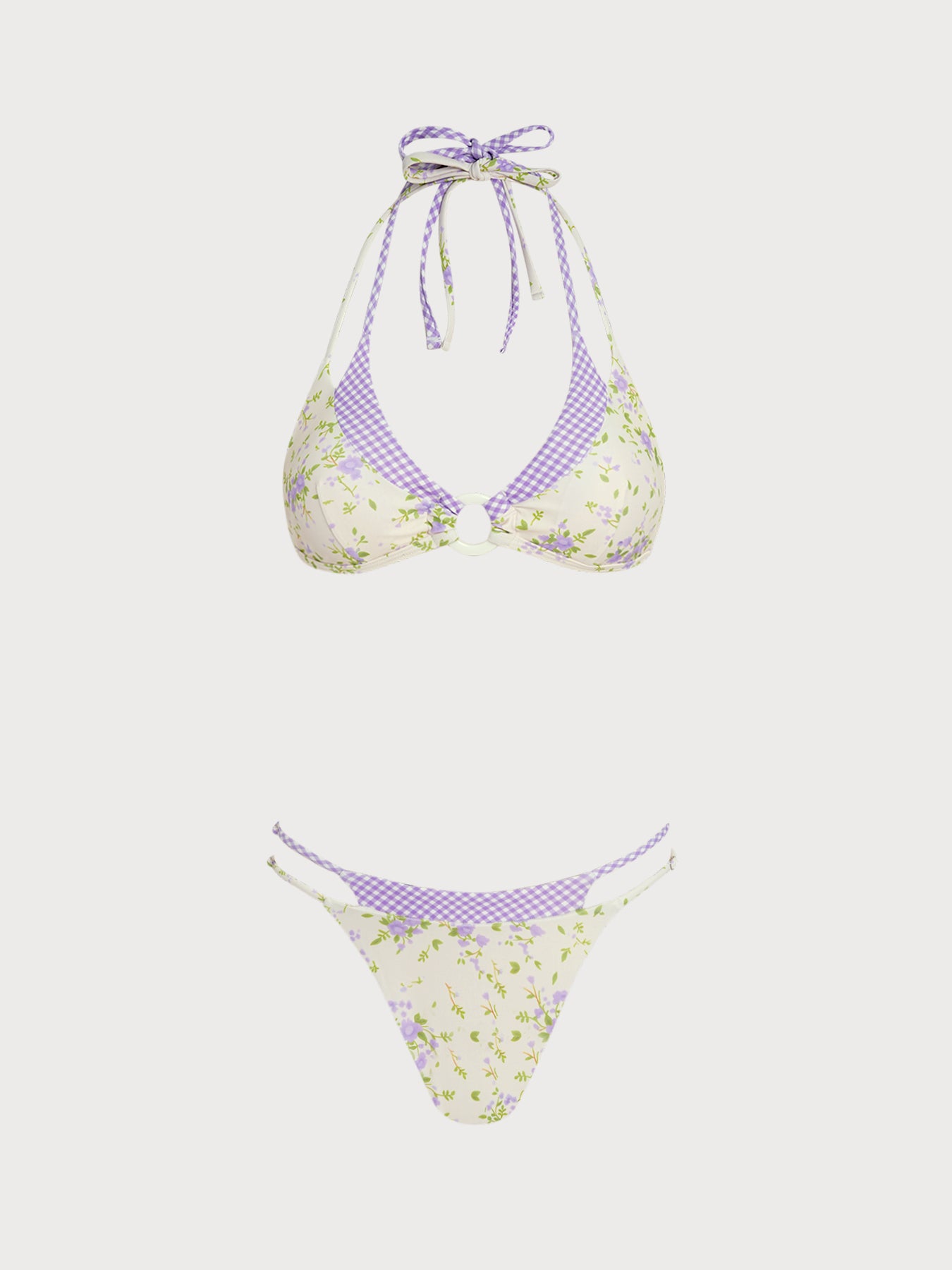 Women's Knitted Polyester Floral Plaid Bikini Set Purple - SAMIOLSWIM