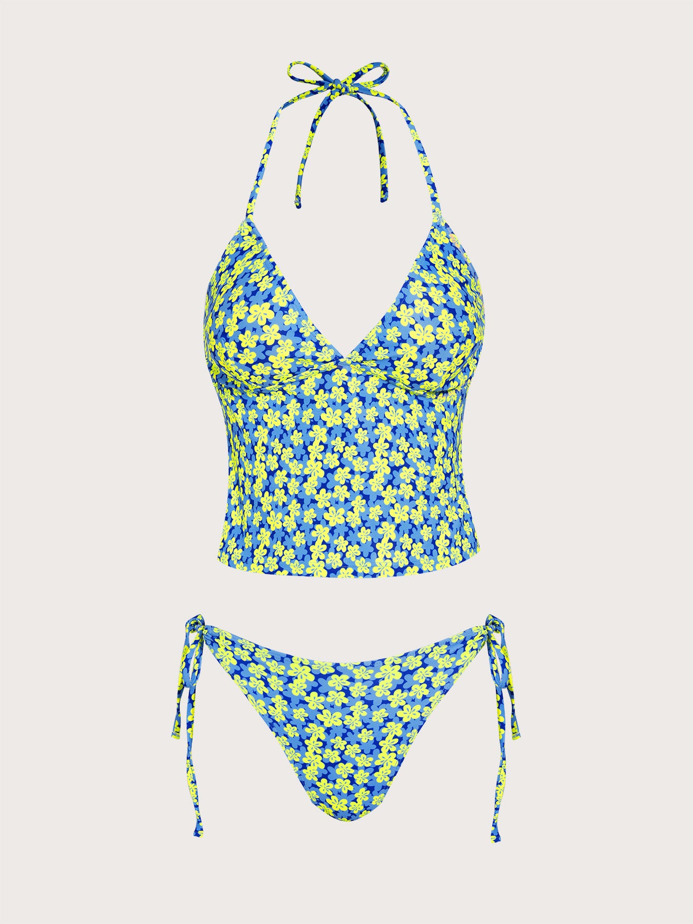 Women's Knitted Polyester Printed Tankini Suit Blue Tankinis - SAMIOLSWIM
