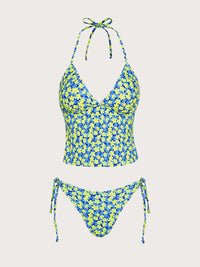 Women's Knitted Polyester Printed Tankini Suit Blue Tankinis - SAMIOLSWIM