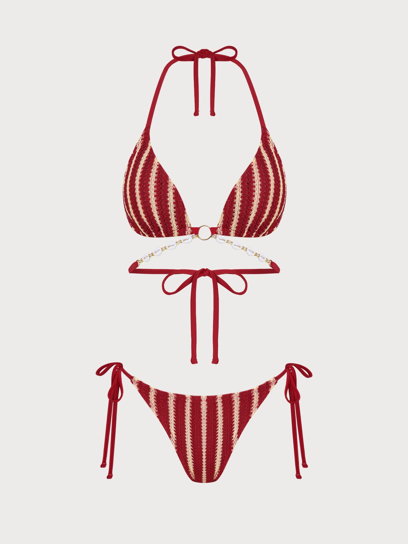 Women's Knitted Polyester Striped Bikini Set Red Bikinis - SAMIOLSWIM