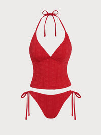 Women's Knitted Polyester Tankini Set Red Tankinis - SAMIOLSWIM
