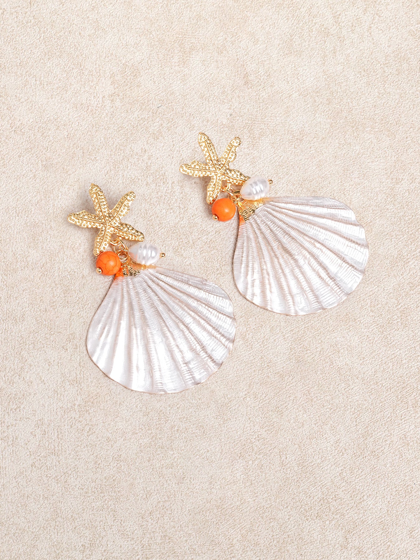 Women's Metal Starfish and Seashell Pendant Stud Earrings White Earrings - SAMIOLSWIM