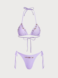 Women's Nylon Knitted Embroidered Bikini Set Purple Bikinis - SAMIOLSWIM