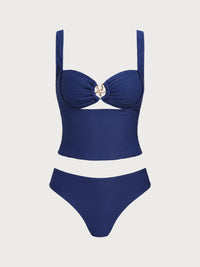 Women's Polyester Knitted Decorative Metallic Thread Tankini Set Blue Tankinis - SAMIOLSWIM