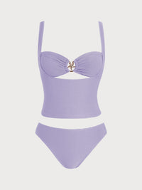 Women's Polyester Knitted Tankin Purple Tankinis - SAMIOLSWIM